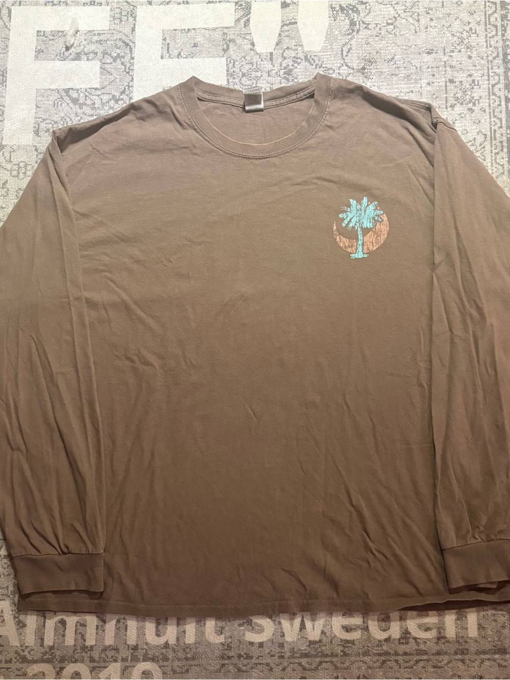 Gildan Brown Long-Sleeve Tee with Turquoise Palm Graphic